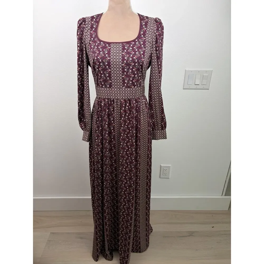 Gal Meets Glam Collection Dress US 4 Burgundy Floral Long Sleeve Square Neck